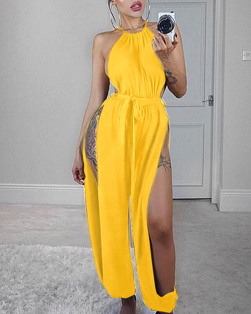 Solid Split Side Tapered Casual Jumpsuit