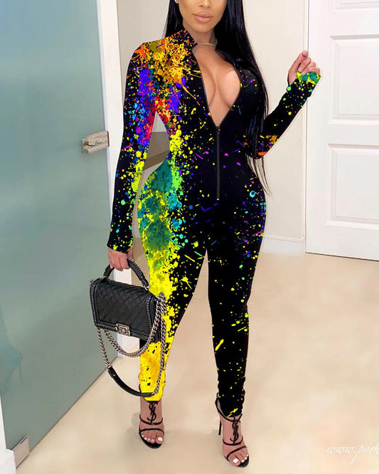 Splash Ink Print Zip Up Form Fitting Casual Jumpsuit
