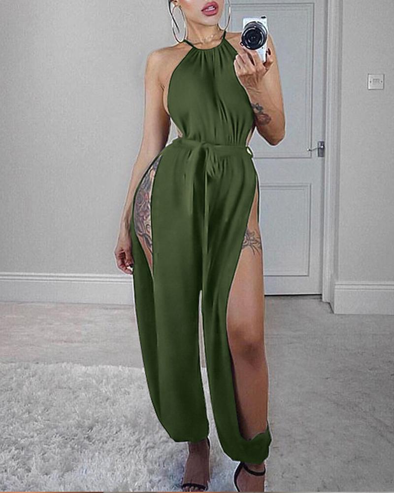 Solid Split Side Tapered Casual Jumpsuit