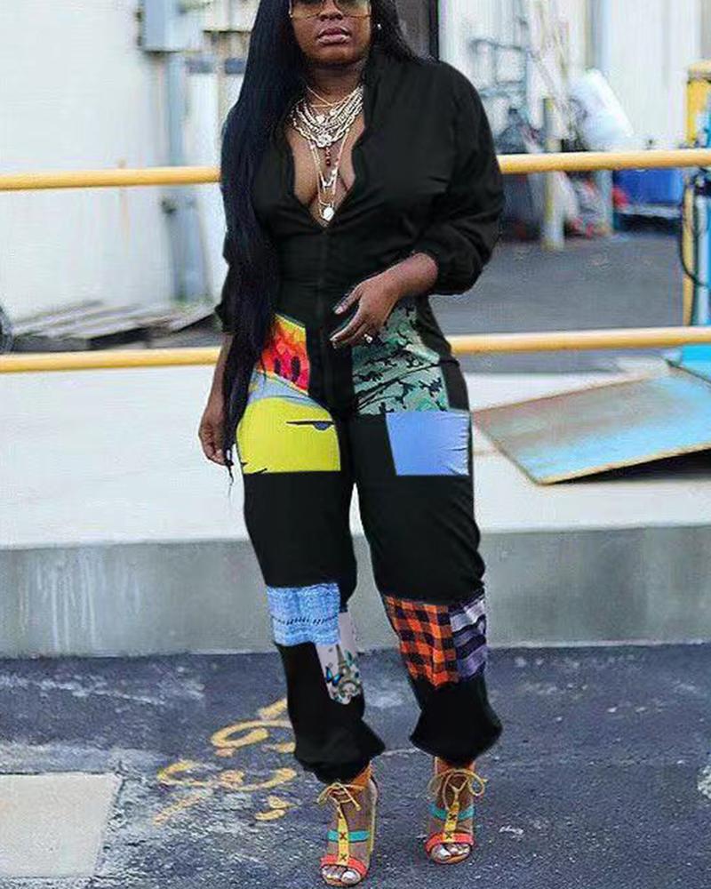 Patchwork Print Zip Up Elastic Leg Casual Jumpsuit