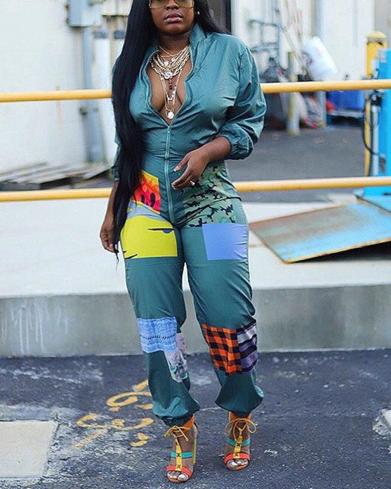 Patchwork Print Zip Up Elastic Leg Casual Jumpsuit
