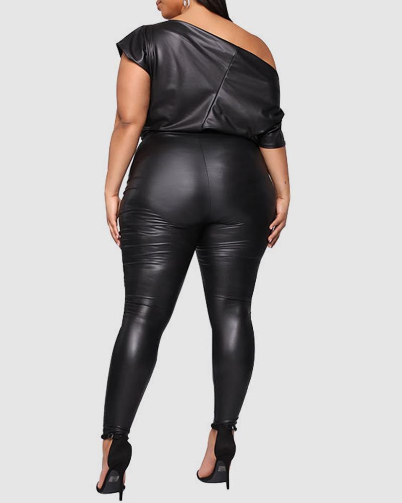 Solid PU Leather Belted Asymmetrical Neck Form Fitted Casual Jumpsuit