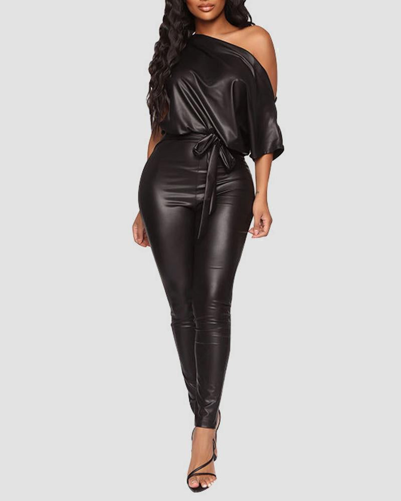 Solid PU Leather Belted Asymmetrical Neck Form Fitted Casual Jumpsuit