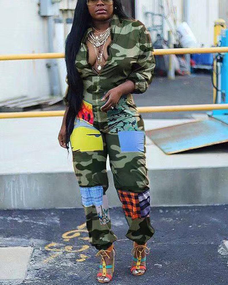 Patchwork Print Zip Up Elastic Leg Casual Jumpsuit
